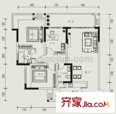 元佳廣場戶型圖3-01和03戶型 3室2廳2衛(wèi)1廚