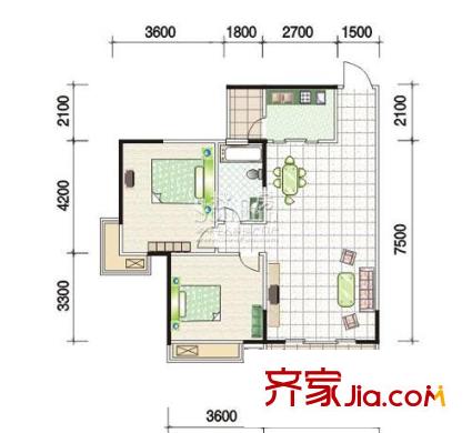 江南世家戶型圖蘭香庭C6型 2室2廳1衛(wèi)1廚