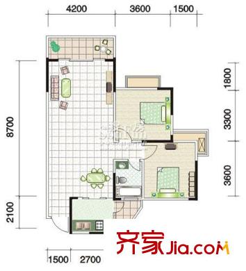 江南世家戶型圖榕香庭B4型 2室2廳1衛(wèi)1廚