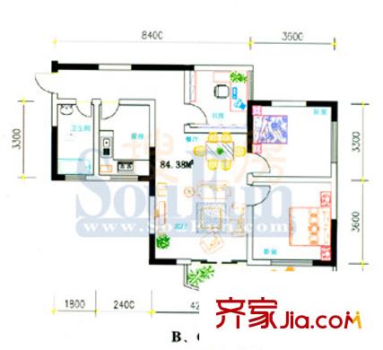 港航家園A區(qū)戶型圖戶型bc4 3室2廳1衛(wèi)1廚