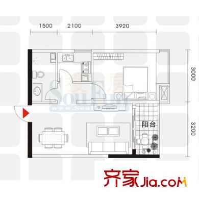 上方新人居戶型圖A棟D戶型 1室2廳1衛(wèi)1廚