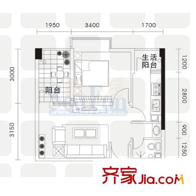 上方新人居戶型圖B棟C戶型 1室1廳1衛(wèi)1廚