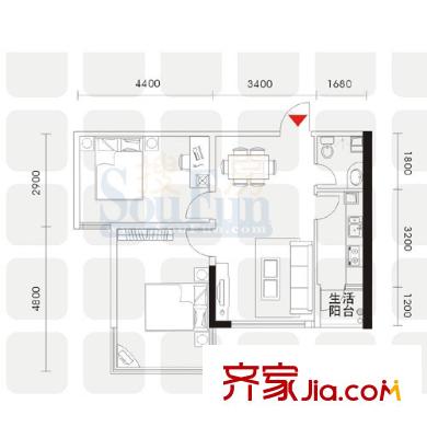 上方新人居戶型圖A棟C戶型 2室2廳1衛(wèi)1廚