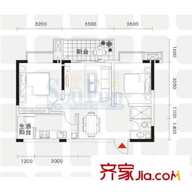 上方新人居戶型圖B棟A戶型 2室2廳1衛(wèi)1廚