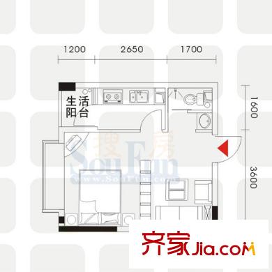 上方新人居戶型圖B棟B戶型 1室1廳1衛(wèi)1廚