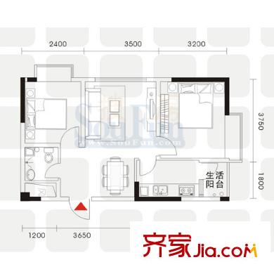 上方新人居戶型圖B棟A1戶型 2室2廳1衛(wèi)1廚