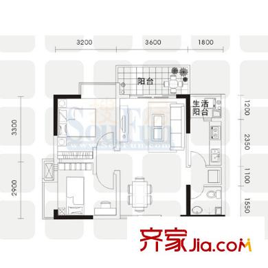 上方新人居戶型圖A棟A戶型 2室2廳1衛(wèi)1廚