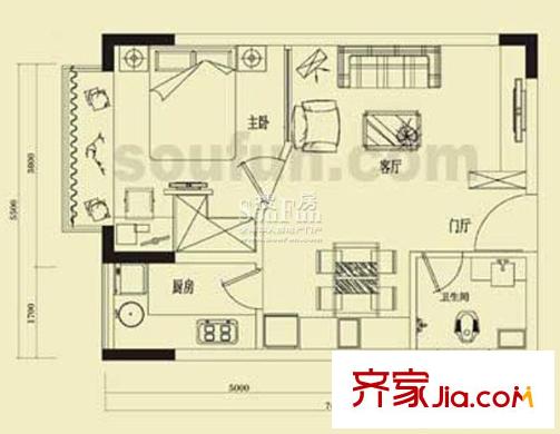 金江大廈戶型圖B3戶型08號(hào)房 1室1廳1衛(wèi)1廚