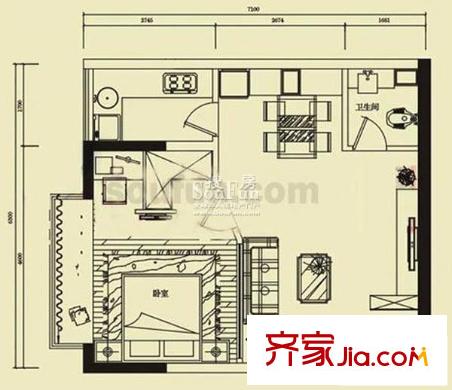 金江大廈戶型圖B2型 1室2廳1衛(wèi)1廚