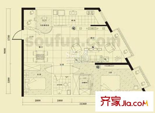 金江大廈戶型圖D1戶型14號(hào)房 2室2廳1衛(wèi)1廚