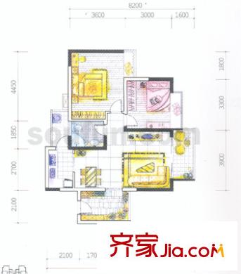 香逸半山戶型圖8、9號(hào)樓B戶型 2室2廳1衛(wèi)1廚