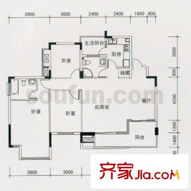 陽光雅筑戶型圖D戶型 3室2廳2衛(wèi)1廚