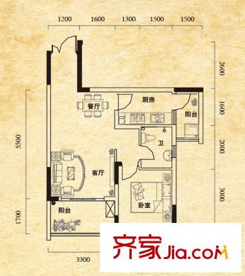 澤瑞琥珀居戶(hù)型圖一期4/8/9棟標(biāo)準(zhǔn)層C4戶(hù)型 1室1廳1衛(wèi)1廚