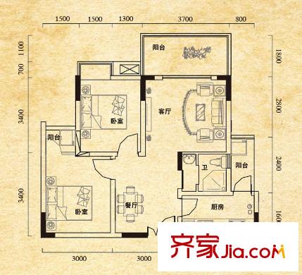 澤瑞琥珀居戶(hù)型圖一期4/8/9棟標(biāo)準(zhǔn)層C1戶(hù)型 2室2廳1衛(wèi)1廚