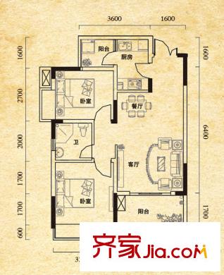 澤瑞琥珀居戶(hù)型圖一期4/8/9棟標(biāo)準(zhǔn)層C3戶(hù)型 2室2廳1衛(wèi)1廚