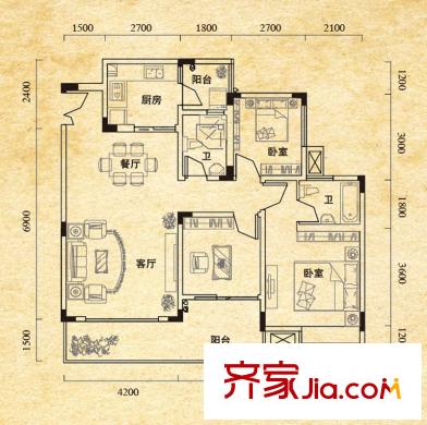 澤瑞琥珀居戶(hù)型圖一期2/6/7棟標(biāo)準(zhǔn)層A1戶(hù)型 3室2廳2衛(wèi)1廚