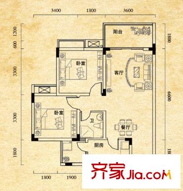 澤瑞琥珀居戶(hù)型圖一期1/3/5棟標(biāo)準(zhǔn)層B1戶(hù)型 2室2廳1衛(wèi)1廚