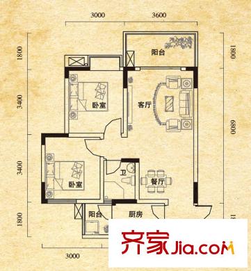 澤瑞琥珀居戶(hù)型圖一期4/8/9棟標(biāo)準(zhǔn)層C2戶(hù)型 2室2廳1衛(wèi)1廚