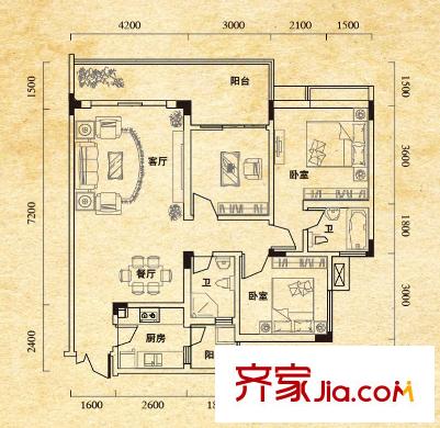 澤瑞琥珀居戶型圖一期2/6/7棟標(biāo)準(zhǔn)層A2戶型 3室2廳2衛(wèi)1廚