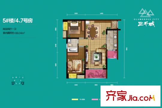 國盛三千城一期5號樓標(biāo)準(zhǔn)層4/7號房戶型 2室2廳1衛(wèi)1廚