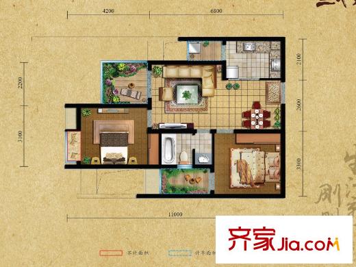 國盛三千城一期4#樓標(biāo)準(zhǔn)層4號房 2室2廳1衛(wèi)1廚