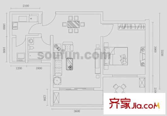 蜂巢戶型圖710號(hào)房 1室2廳1衛(wèi)1廚