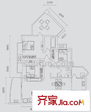 蜂巢戶型圖34號(hào)房 3室2廳1衛(wèi)1廚