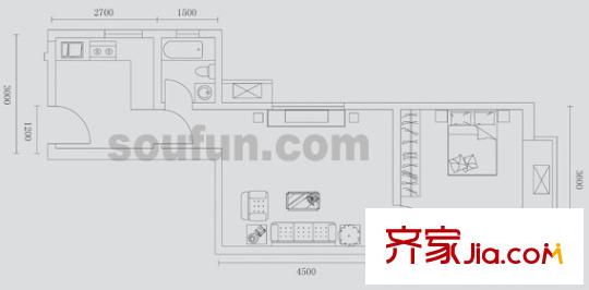 蜂巢戶型圖16號房 1室1廳1衛(wèi)1廚