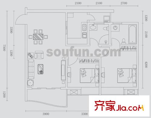 蜂巢戶型圖89號房 2室2廳2衛(wèi)1廚