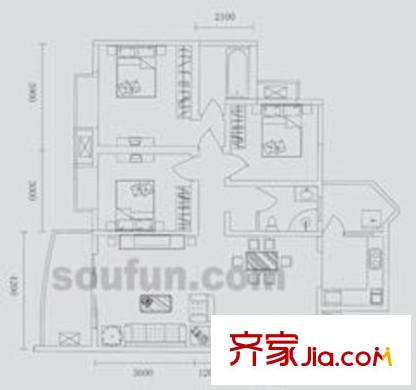 蜂巢戶型圖34號房 3室2廳2衛(wèi)1廚