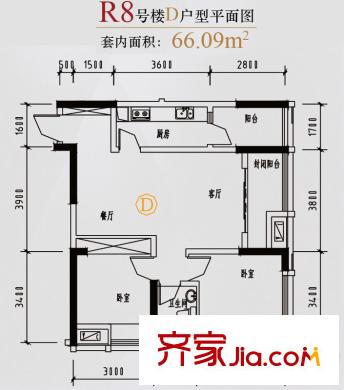 渝能明日城市戶型圖二期R8號(hào)樓標(biāo)準(zhǔn)層D戶型 2室2廳1衛(wèi)1廚