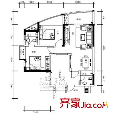 鳳鳴山水國際戶型圖B-01 2室2廳2衛(wèi)1廚