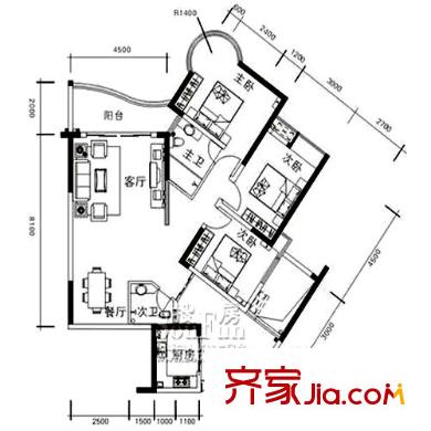 鳳鳴山水國際戶型圖C-02 3室2廳2衛(wèi)1廚