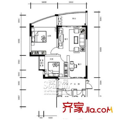 鳳鳴山水國際戶型圖B-03 2室2廳1衛(wèi)1廚