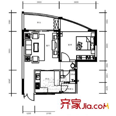 鳳鳴山水國際戶型圖B-04 1室1廳1衛(wèi)1廚