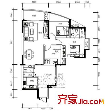 鳳鳴山水國際戶型圖B-02 3室2廳2衛(wèi)1廚