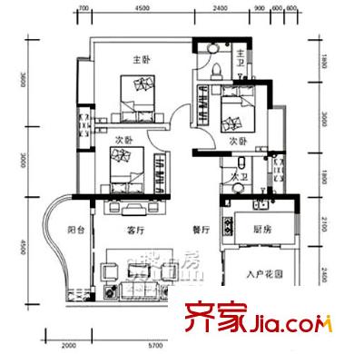 鳳鳴山水國際戶型圖C-01 3室2廳2衛(wèi)1廚
