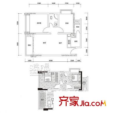 金城國際戶型圖B1 2室2廳1衛(wèi)1廚