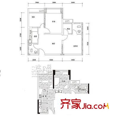 金城國際戶型圖B3 2室1廳2衛(wèi)1廚