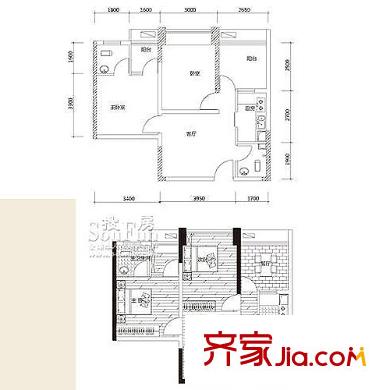 金城國際戶型圖B6 2室1廳2衛(wèi)1廚