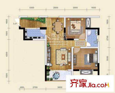 金地豪苑戶型圖B2 2室2廳1衛(wèi)1廚