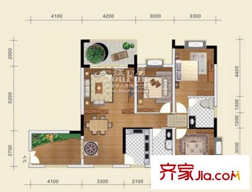 金地豪苑戶型圖B3 3室2廳2衛(wèi)1廚