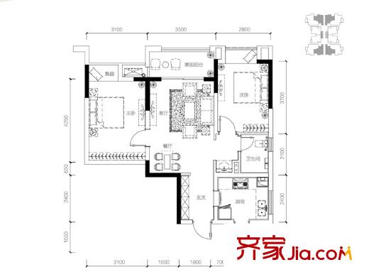 萬科悅灣一期高層標(biāo)準(zhǔn)層B戶型 2室2廳1衛(wèi)1廚