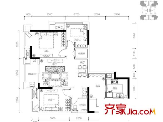 萬科悅灣一期高層標(biāo)準(zhǔn)層A戶型 3室2廳1衛(wèi)1廚