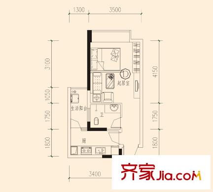 建工北城樂章戶型圖一期單體樓標準層D戶型 1室1廳1衛(wèi)1廚