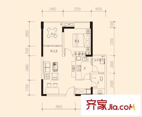 建工北城樂章戶型圖一期單體樓標準層C戶型 1室1廳1衛(wèi)1廚