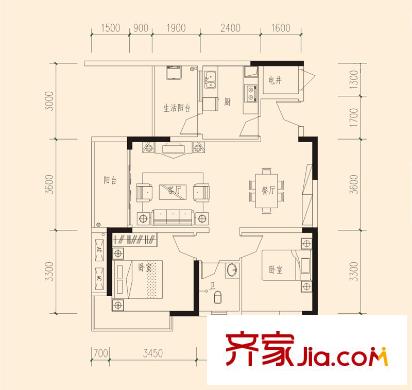 建工北城樂章戶型圖一期單體樓標準層H戶型 2室2廳1衛(wèi)1廚