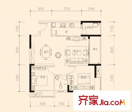 建工北城樂章戶型圖一期單體樓標準層G戶型 2室2廳1衛(wèi)1廚