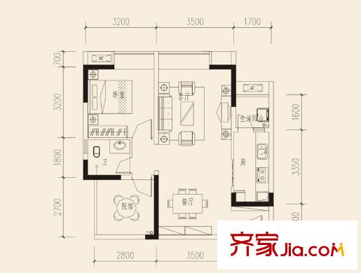 建工北城樂章戶型圖一期單體樓標準層A戶型 1室2廳1衛(wèi)1廚