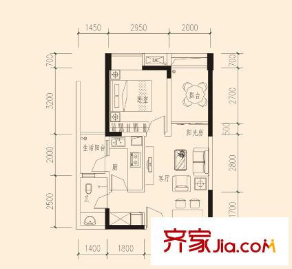 建工北城樂章戶型圖一期單體樓標準層B戶型 1室1廳1衛(wèi)1廚